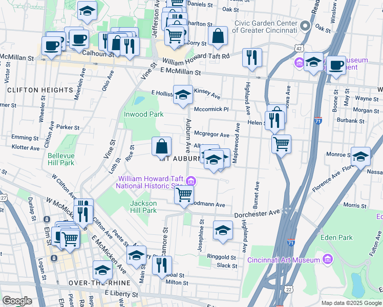 map of restaurants, bars, coffee shops, grocery stores, and more near in Cincinnati