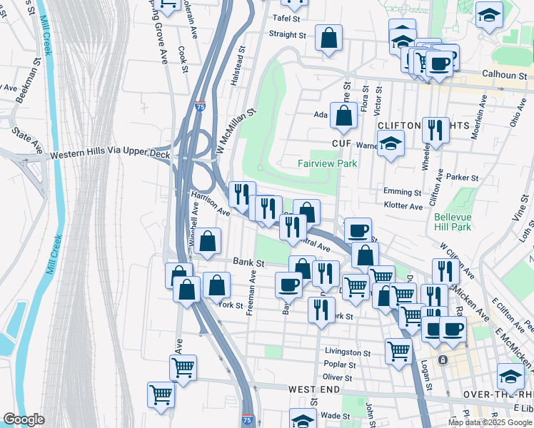 map of restaurants, bars, coffee shops, grocery stores, and more near 2157 Central Avenue in Cincinnati