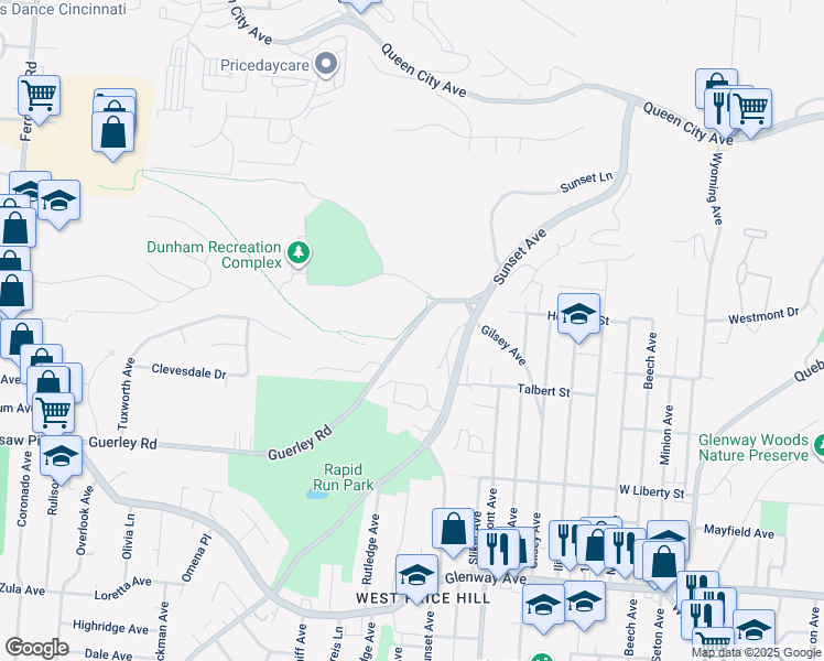 map of restaurants, bars, coffee shops, grocery stores, and more near 4427-4477 Guerley Road in Cincinnati