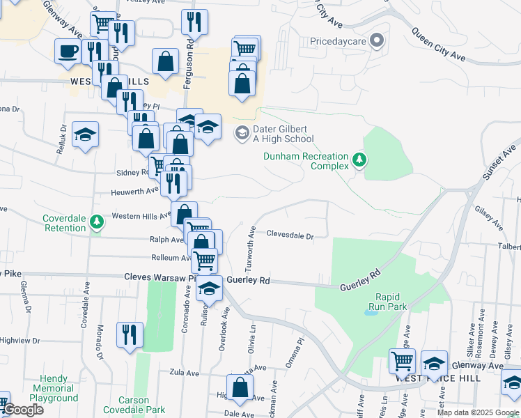 map of restaurants, bars, coffee shops, grocery stores, and more near 1687 Tuxworth Avenue in Cincinnati