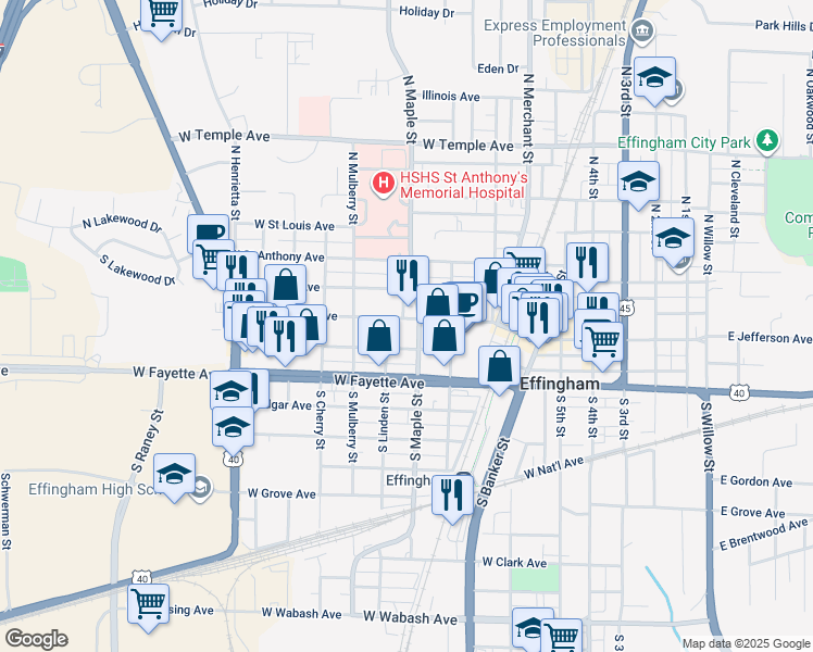map of restaurants, bars, coffee shops, grocery stores, and more near 604 West Shelby Avenue in Effingham