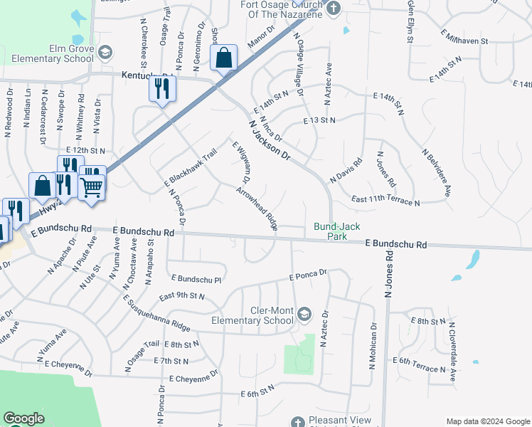 map of restaurants, bars, coffee shops, grocery stores, and more near 1036 North Arrowhead Ridge in Independence