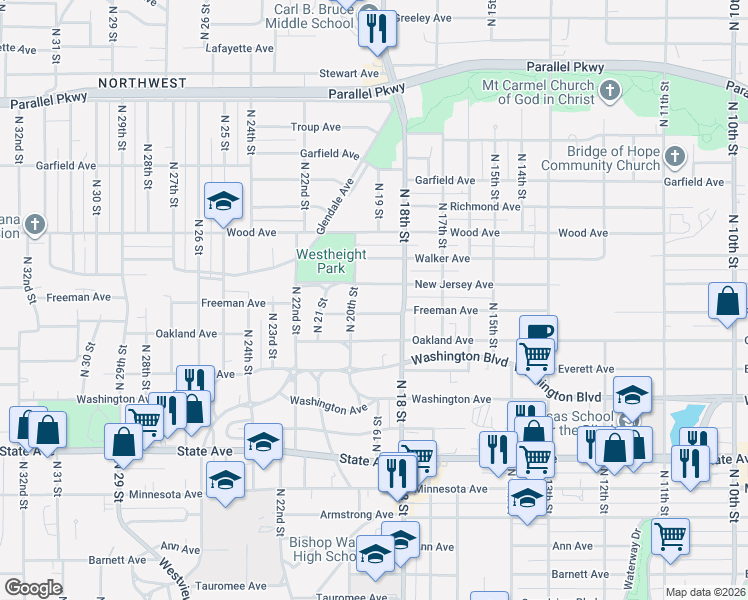 map of restaurants, bars, coffee shops, grocery stores, and more near 1816 Freeman Avenue in Kansas City