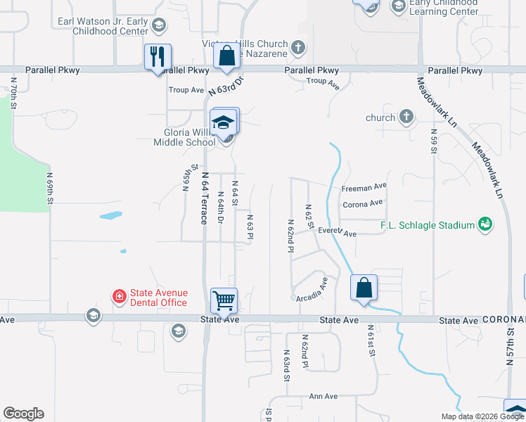 map of restaurants, bars, coffee shops, grocery stores, and more near 1436 North 63rd Terrace in Kansas City
