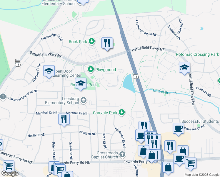 map of restaurants, bars, coffee shops, grocery stores, and more near 537 Radford Terrace Northeast in Leesburg