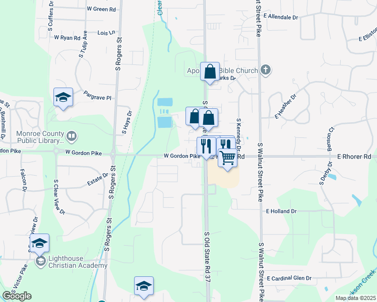 map of restaurants, bars, coffee shops, grocery stores, and more near 200 West Gordon Pike in Bloomington