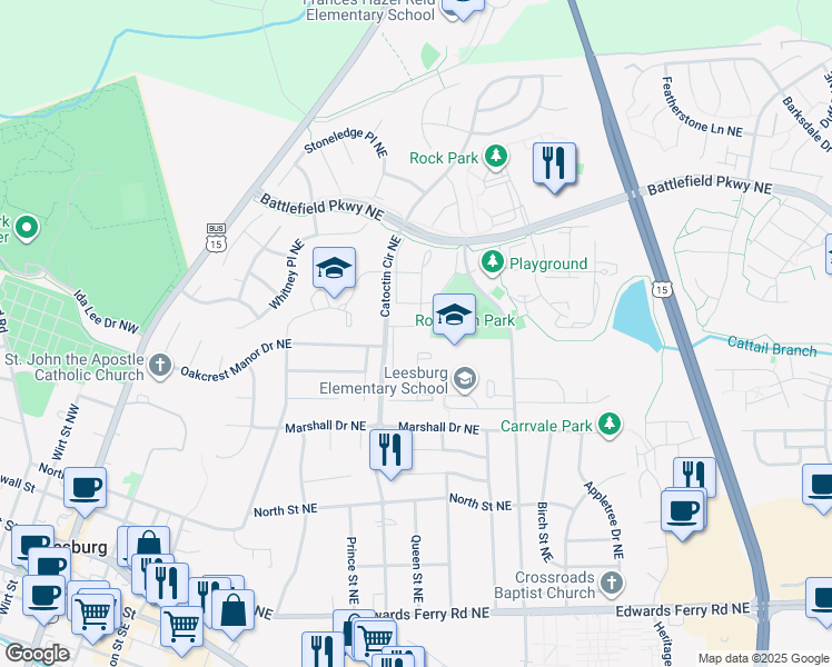 map of restaurants, bars, coffee shops, grocery stores, and more near 329 Stable View Terrace Northeast in Leesburg