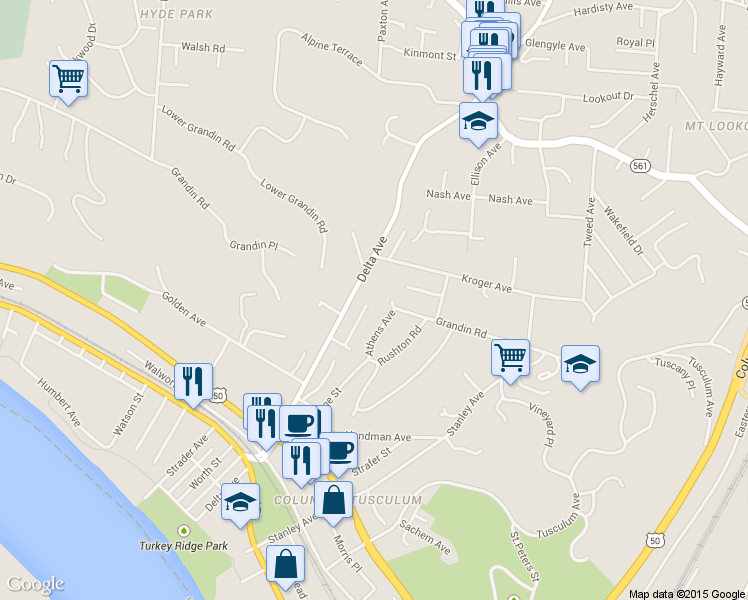 map of restaurants, bars, coffee shops, grocery stores, and more near Grandin Road Steps in Cincinnati