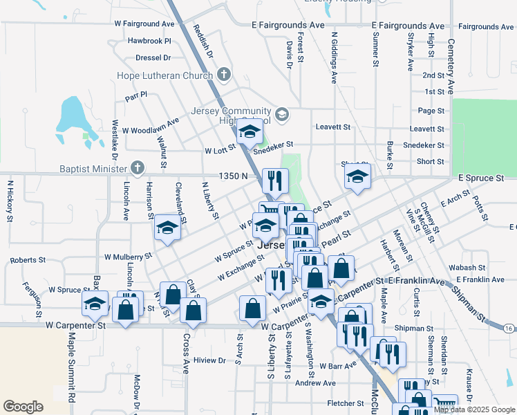 map of restaurants, bars, coffee shops, grocery stores, and more near 400 North Washington Street in Jerseyville