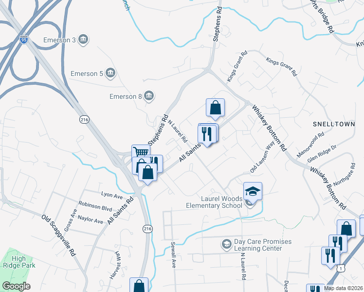 map of restaurants, bars, coffee shops, grocery stores, and more near 9711 Whiskey Run in Laurel