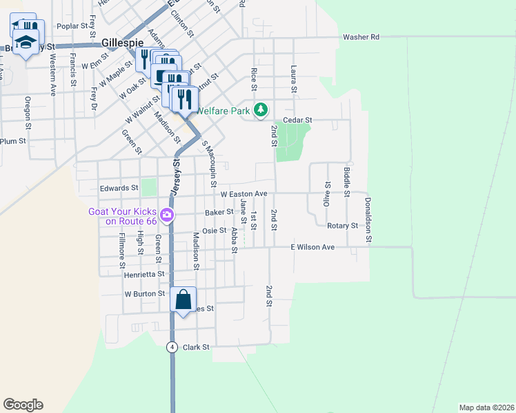map of restaurants, bars, coffee shops, grocery stores, and more near 801 1st Street in Gillespie