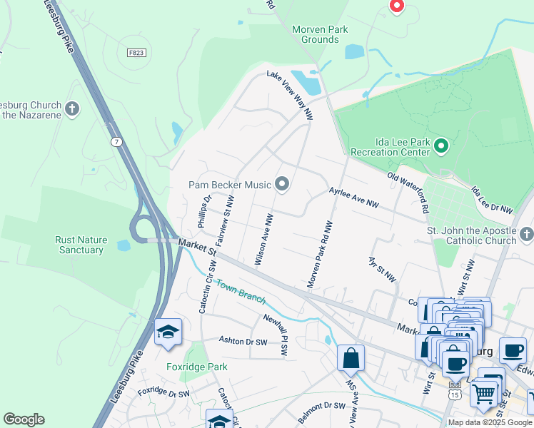 map of restaurants, bars, coffee shops, grocery stores, and more near 111 Wilson Avenue Northwest in Leesburg