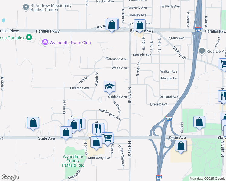 map of restaurants, bars, coffee shops, grocery stores, and more near 4820 Oakland Avenue in Kansas City