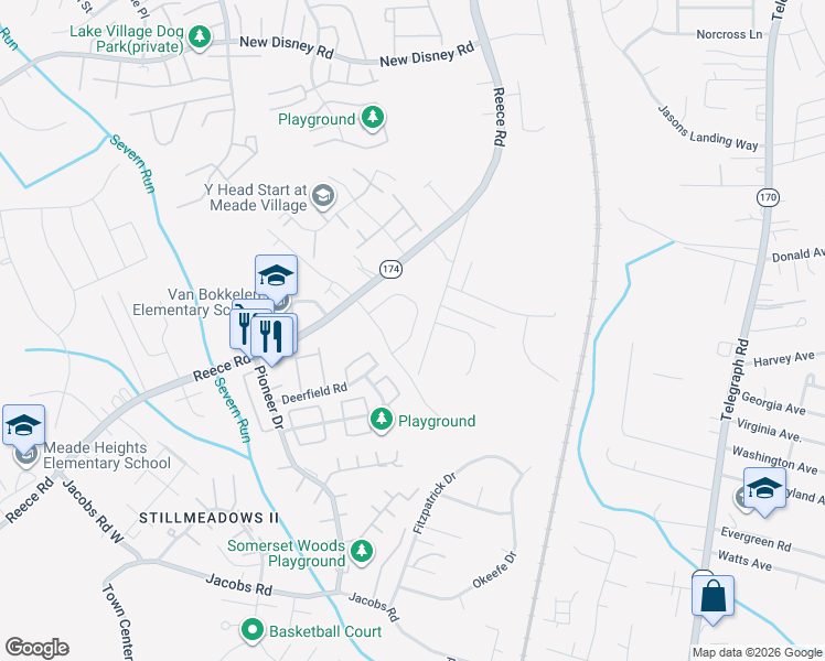 map of restaurants, bars, coffee shops, grocery stores, and more near Carinoso Circle in Severn