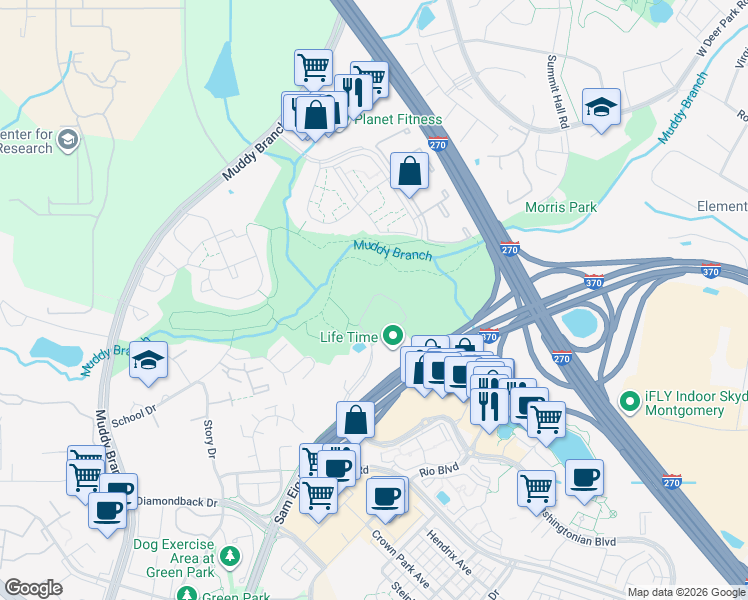 map of restaurants, bars, coffee shops, grocery stores, and more near 10205 Washingtonian Boulevard in Gaithersburg
