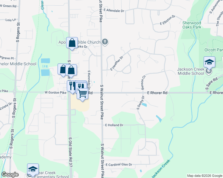 map of restaurants, bars, coffee shops, grocery stores, and more near 425 East Rhorer Road in Bloomington