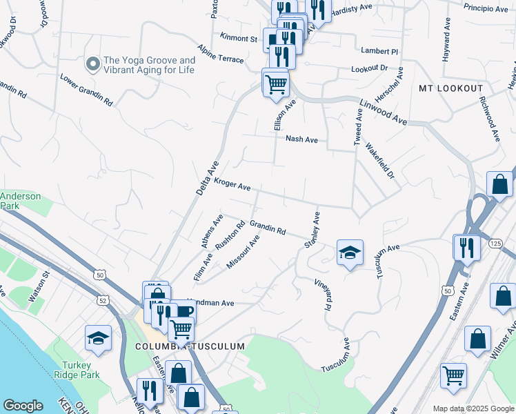 map of restaurants, bars, coffee shops, grocery stores, and more near 3610 Grandin Road in Cincinnati