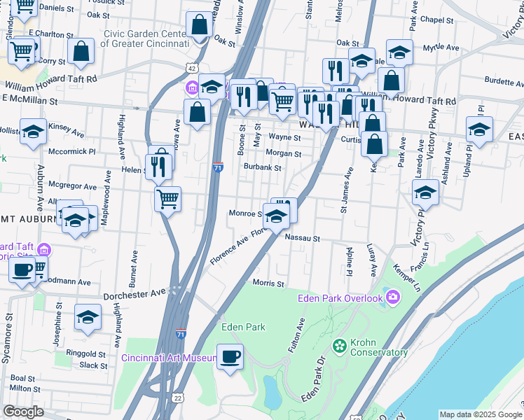 map of restaurants, bars, coffee shops, grocery stores, and more near 2203 Kenton Street in Cincinnati