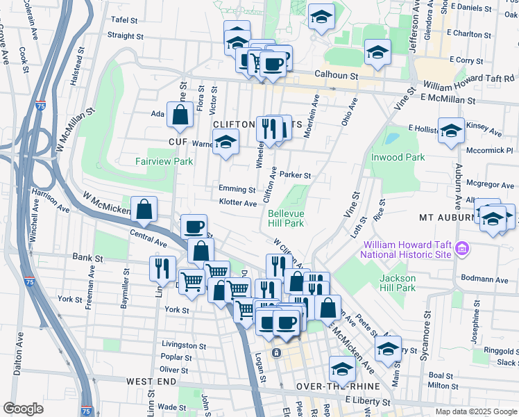 map of restaurants, bars, coffee shops, grocery stores, and more near in Cincinnati