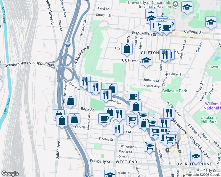 map of restaurants, bars, coffee shops, grocery stores, and more near 457 West McMicken Avenue in Cincinnati