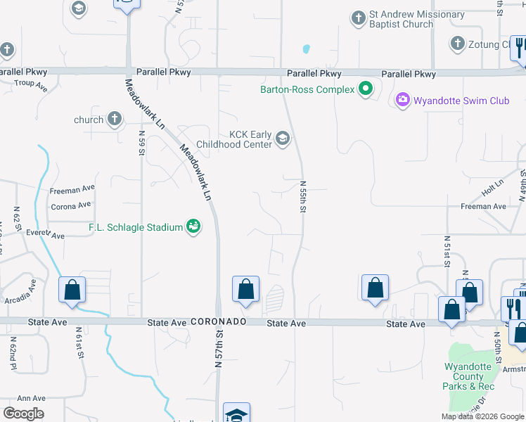 map of restaurants, bars, coffee shops, grocery stores, and more near 1508 North 55 Drive in Kansas City