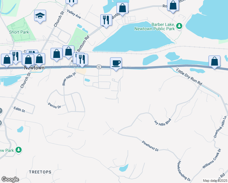 map of restaurants, bars, coffee shops, grocery stores, and more near 7443 Meadowland Place in Newtown