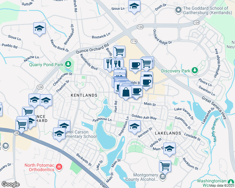 map of restaurants, bars, coffee shops, grocery stores, and more near 301 Main Street in Gaithersburg
