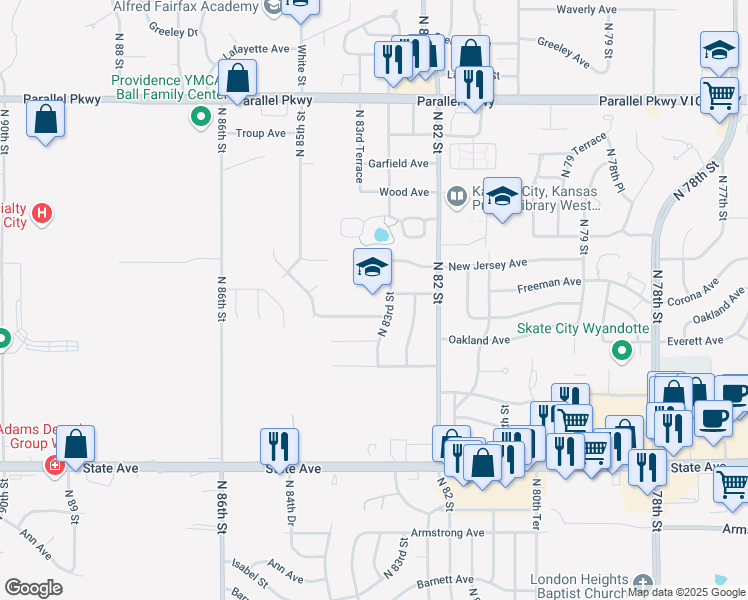 map of restaurants, bars, coffee shops, grocery stores, and more near 1530 North 83rd Street in Kansas City