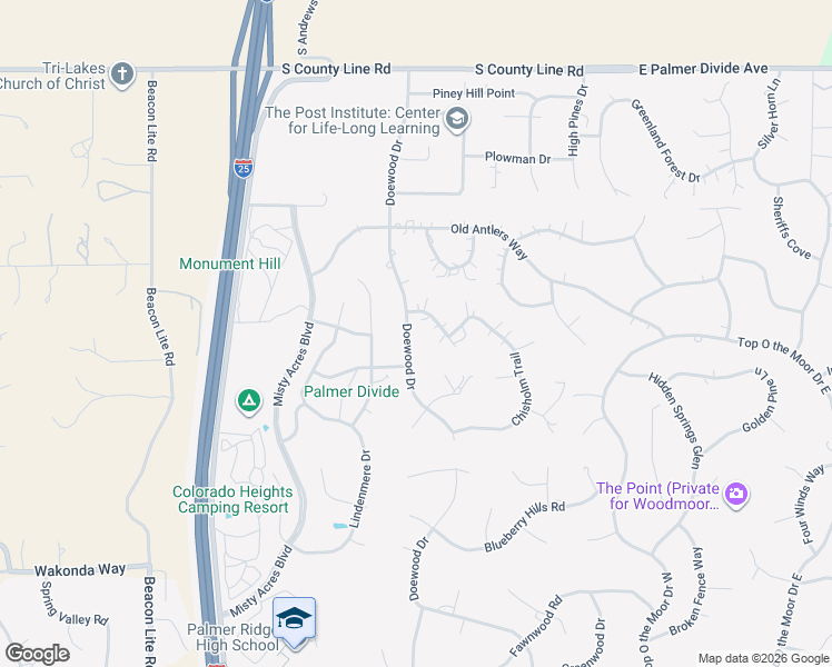 map of restaurants, bars, coffee shops, grocery stores, and more near 19955 Doewood Drive in Monument