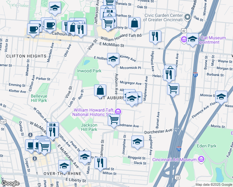 map of restaurants, bars, coffee shops, grocery stores, and more near 2209 Auburn Avenue in Cincinnati