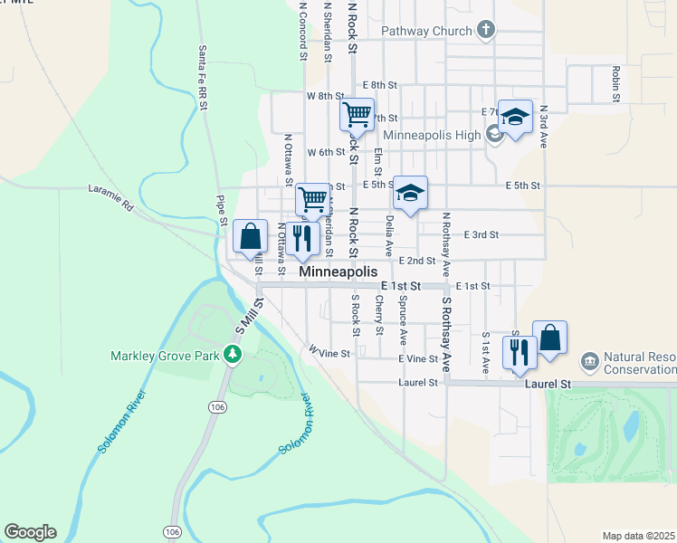 map of restaurants, bars, coffee shops, grocery stores, and more near 107 North Sheridan Street in Minneapolis