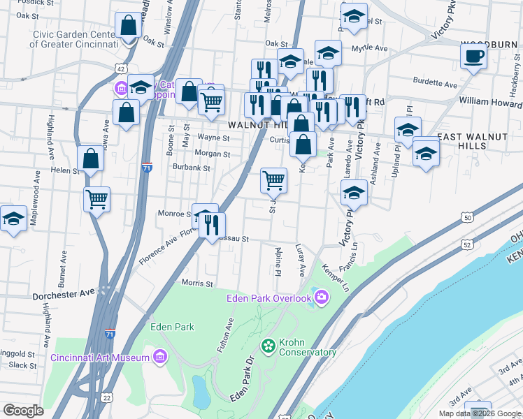 map of restaurants, bars, coffee shops, grocery stores, and more near 963 Francisco Street in Cincinnati