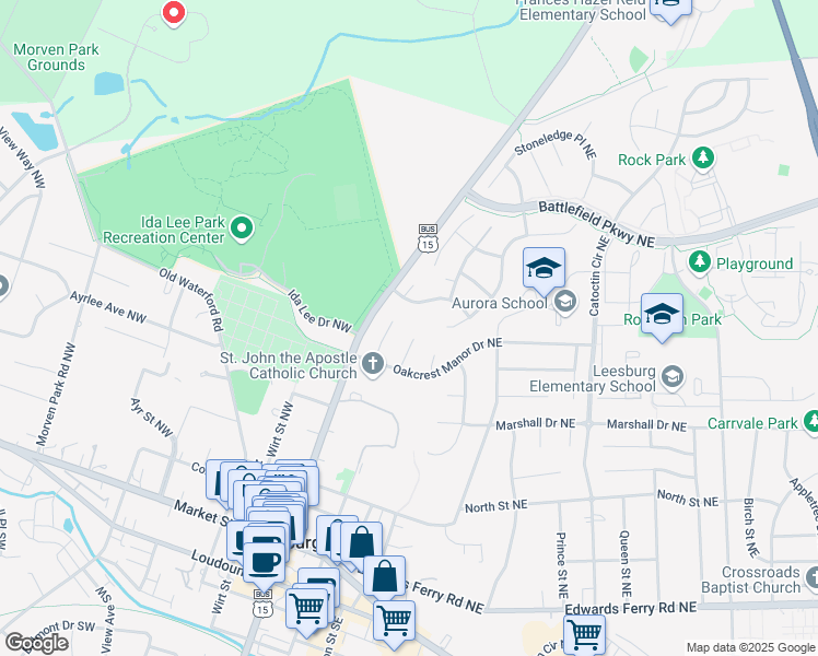 map of restaurants, bars, coffee shops, grocery stores, and more near 411 Georgetown Court Northeast in Leesburg