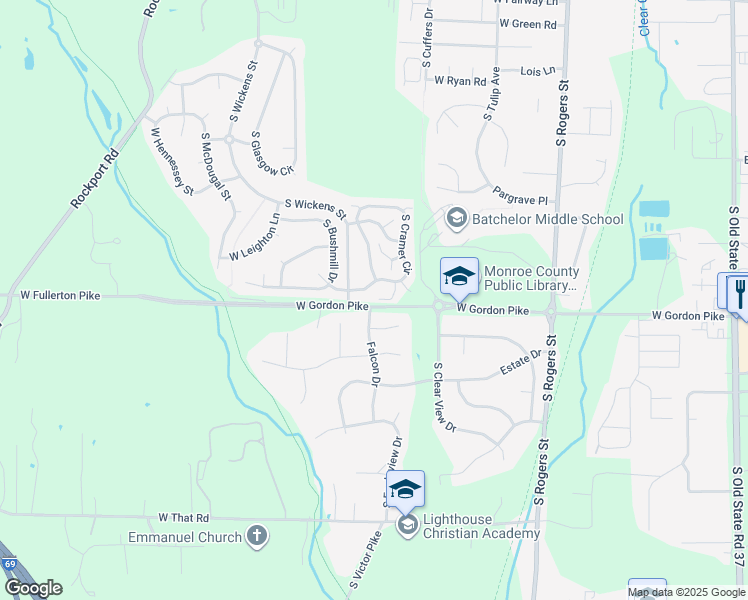 map of restaurants, bars, coffee shops, grocery stores, and more near Falcon Dr in Bloomington