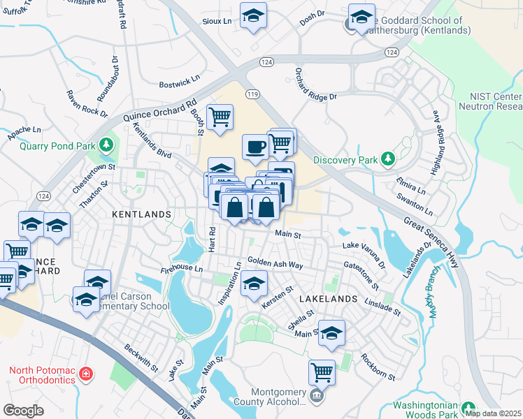 map of restaurants, bars, coffee shops, grocery stores, and more near 657 Center Point Way in Gaithersburg