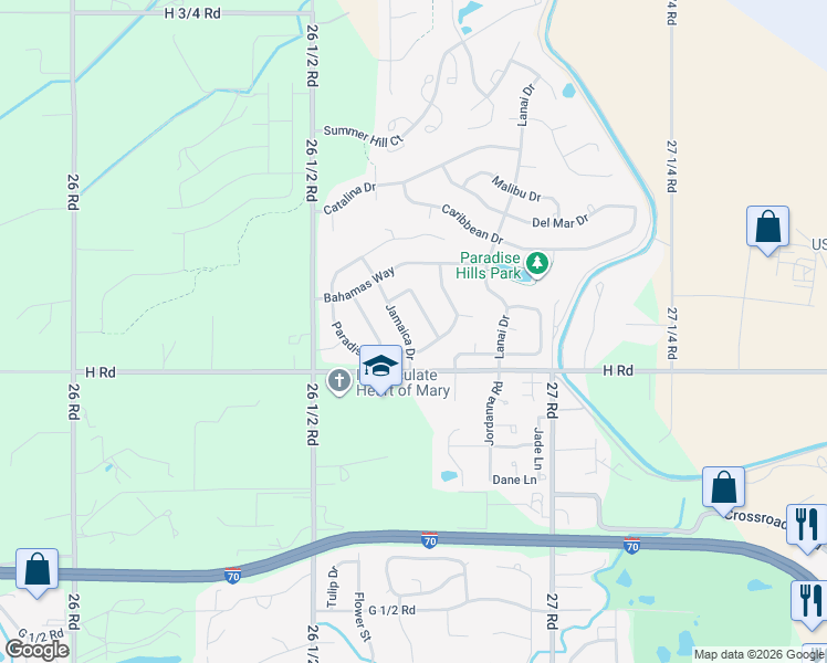 map of restaurants, bars, coffee shops, grocery stores, and more near 801-805 Jamaica Drive in Grand Junction
