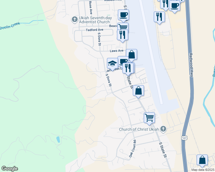 map of restaurants, bars, coffee shops, grocery stores, and more near 2100 South Dora Street in Ukiah