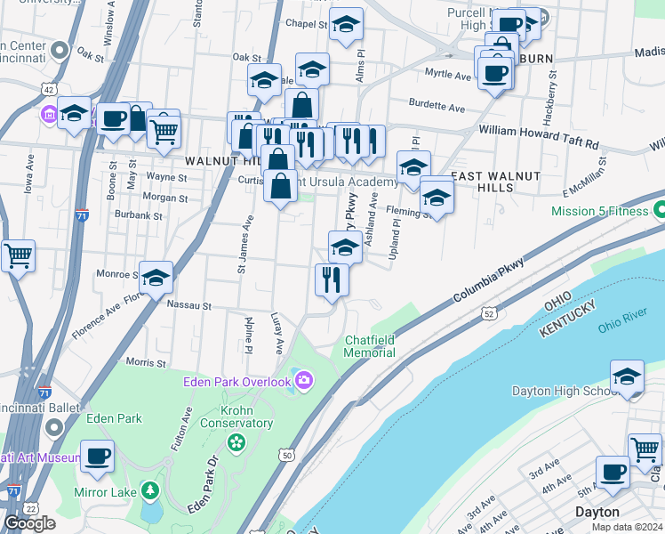 map of restaurants, bars, coffee shops, grocery stores, and more near 2350 Victory Parkway in Cincinnati
