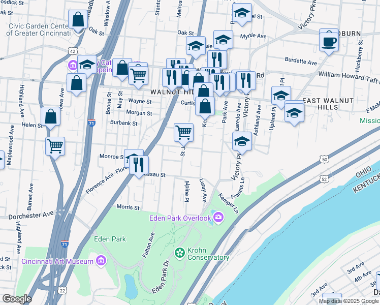 map of restaurants, bars, coffee shops, grocery stores, and more near 2223 Kemper Lane in Cincinnati