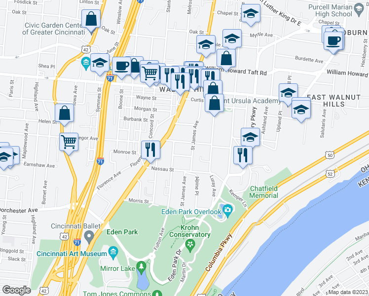 map of restaurants, bars, coffee shops, grocery stores, and more near 963 Francisco Street in Cincinnati