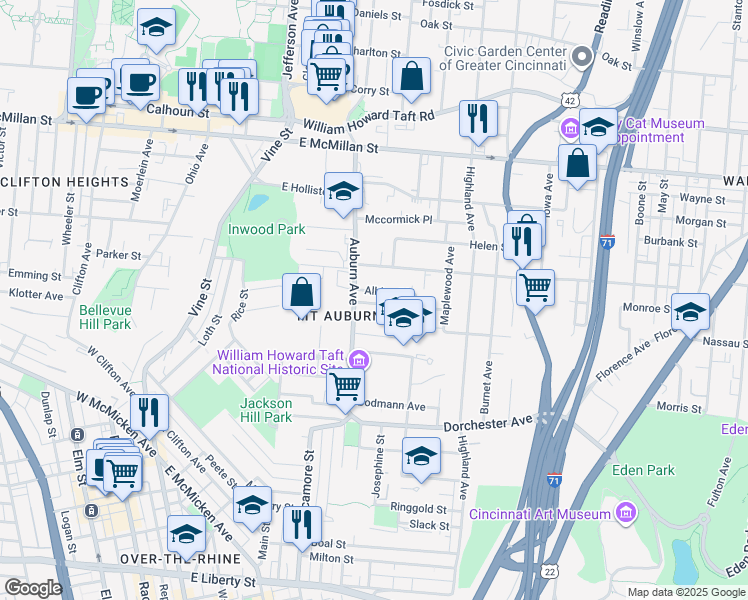 map of restaurants, bars, coffee shops, grocery stores, and more near 233 Gilman Avenue in Cincinnati