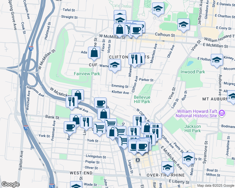 map of restaurants, bars, coffee shops, grocery stores, and more near 229 Hastings Street in Cincinnati