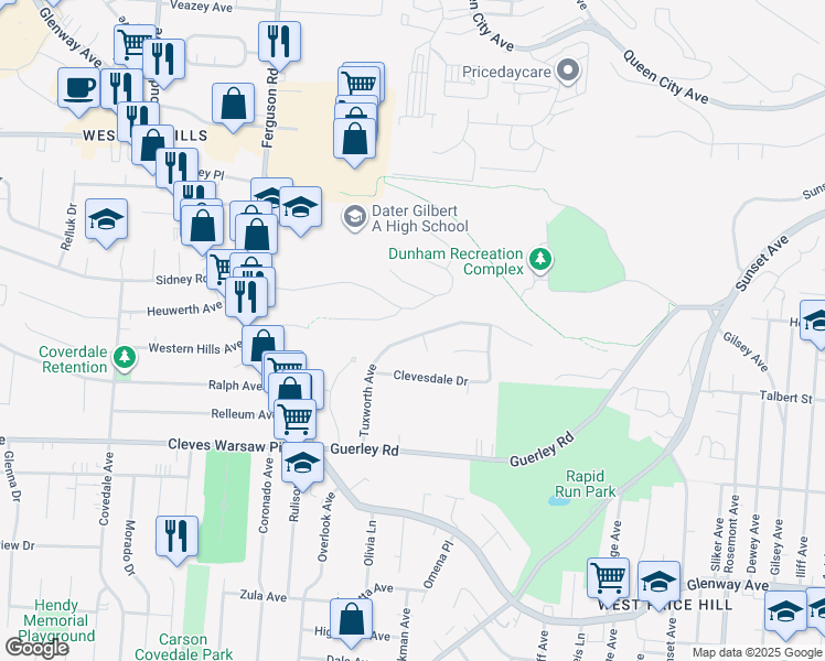 map of restaurants, bars, coffee shops, grocery stores, and more near 1714 Tuxworth Avenue in Cincinnati