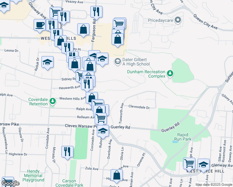 map of restaurants, bars, coffee shops, grocery stores, and more near 1687 Tuxworth Avenue in Cincinnati