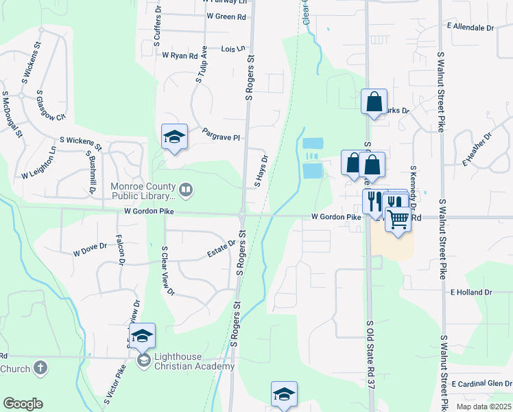 map of restaurants, bars, coffee shops, grocery stores, and more near 451-465 West Gordon Pike in Bloomington
