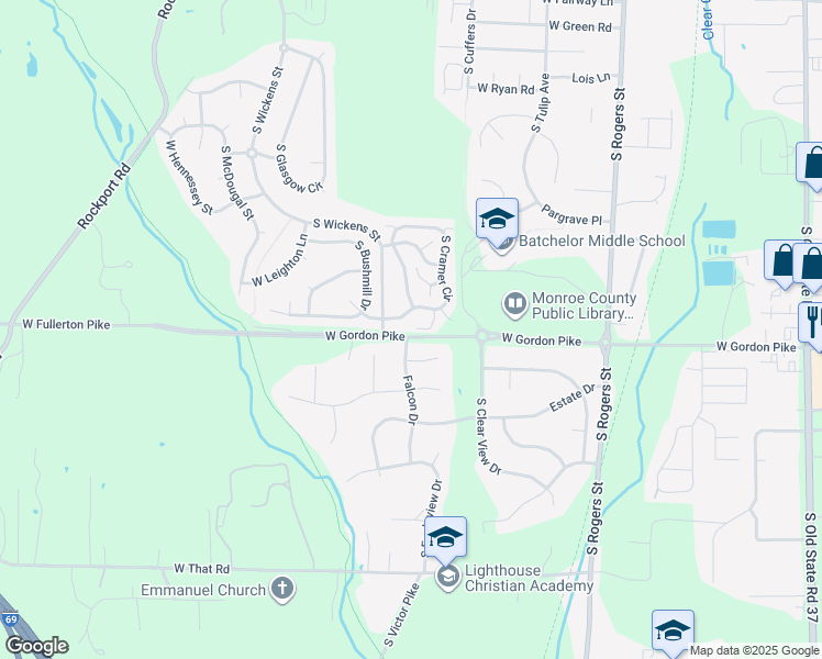 map of restaurants, bars, coffee shops, grocery stores, and more near Falcon Dr in Bloomington