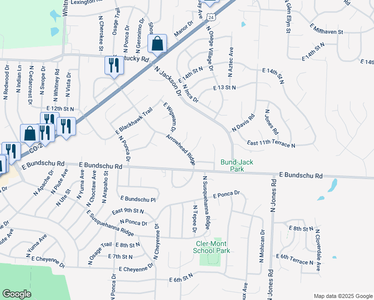 map of restaurants, bars, coffee shops, grocery stores, and more near 1036 North Arrowhead Ridge in Independence