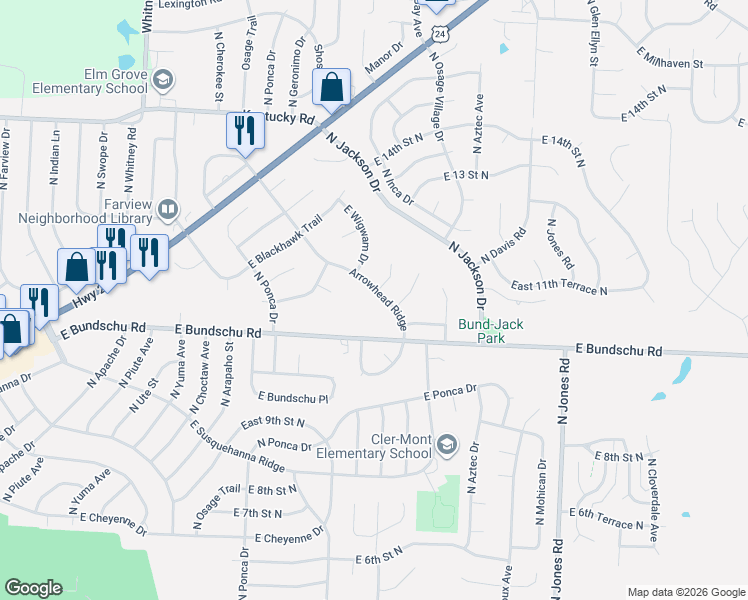 map of restaurants, bars, coffee shops, grocery stores, and more near 1036 North Arrowhead Ridge in Independence