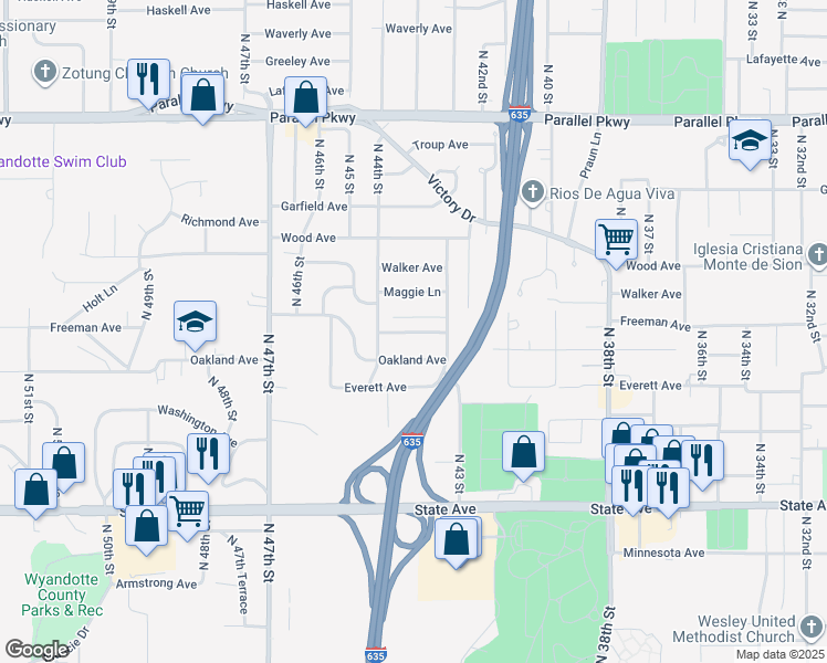 map of restaurants, bars, coffee shops, grocery stores, and more near 4338 Oakland Avenue in Kansas City