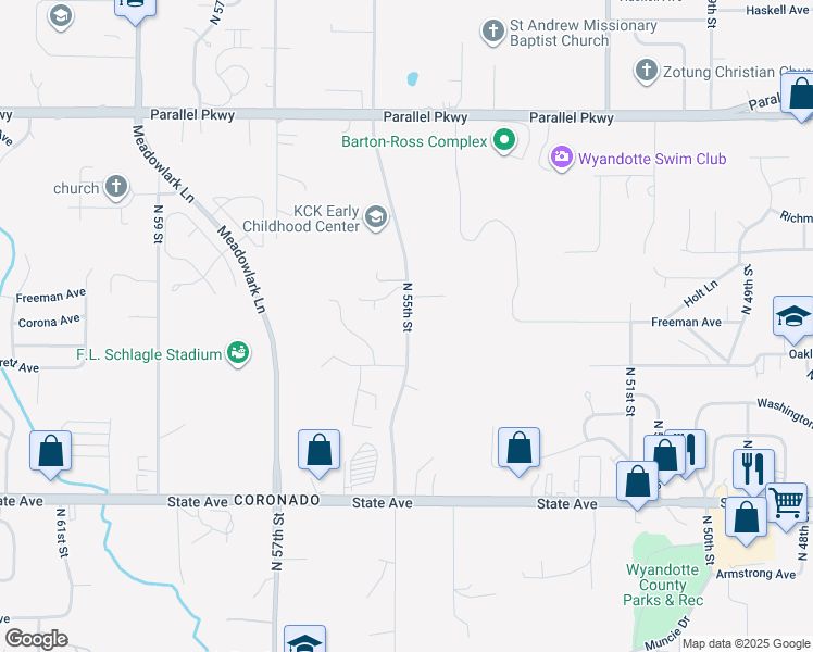 map of restaurants, bars, coffee shops, grocery stores, and more near 1501 North 55th Street in Kansas City